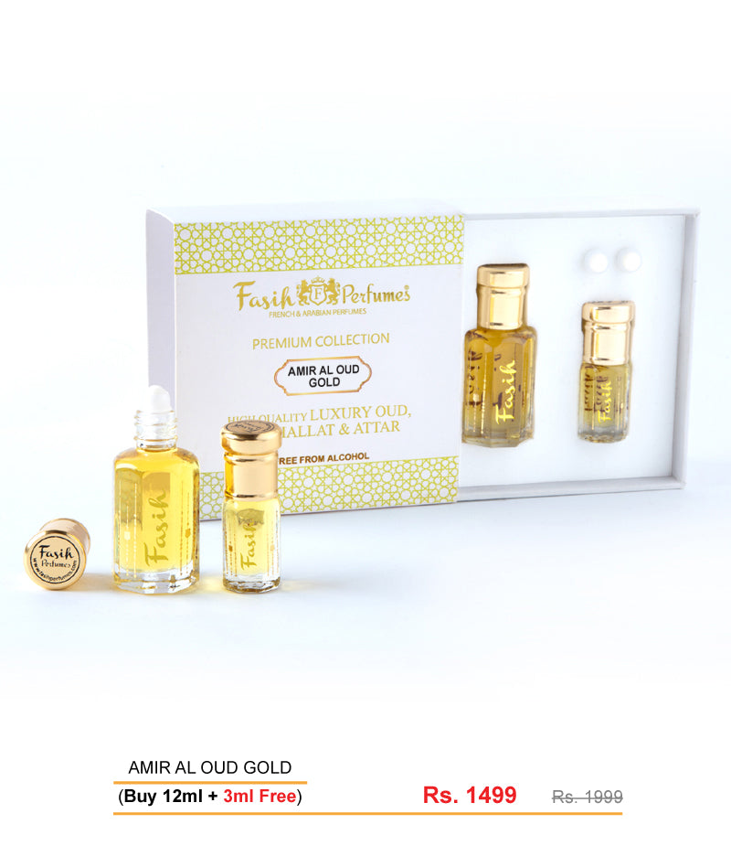 Purchase 12ml Amir Al Oud Gold Non-Alcoholic Attar and get 3ml free.